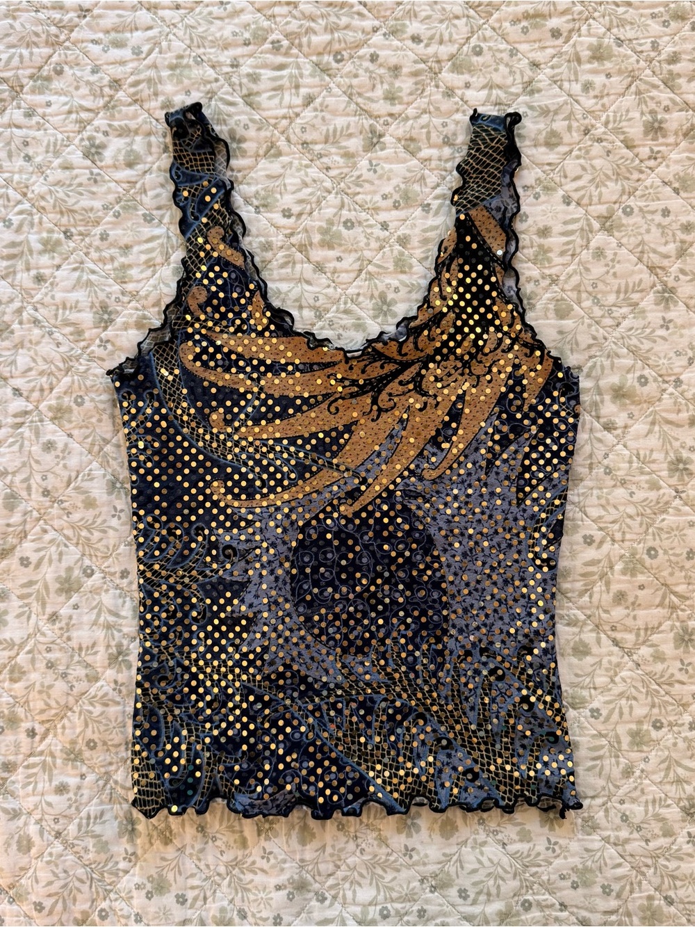 Y2k vintage Bebe gold and blue graphic tank top with ruffled trim